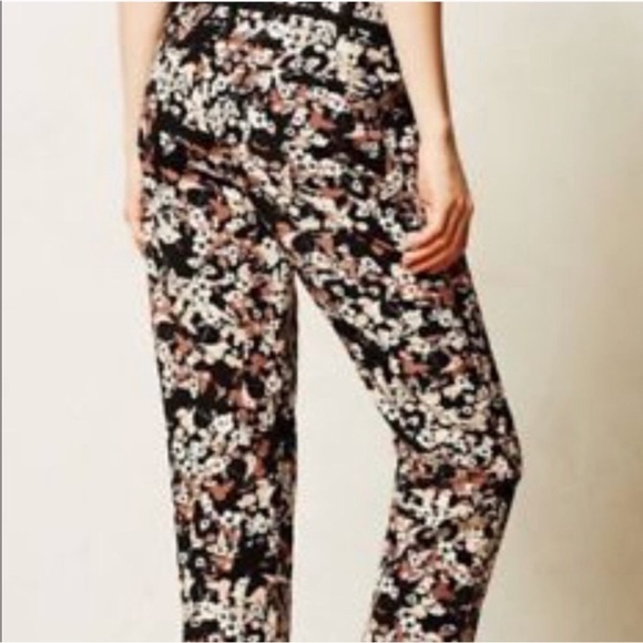 Anthropologie Cartonnier Black Floral Print Pull On Cropped Ankle Pants Size 8 - Picture 2 of 7